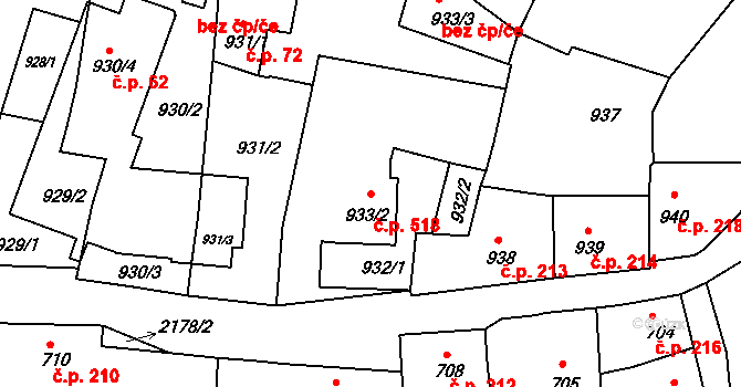 Březnice 518 na parcele st. 933/2 v KÚ Březnice, Katastrální mapa
