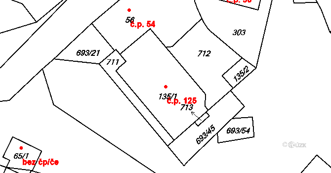 Sudoměřice u Bechyně 125 na parcele st. 135/1 v KÚ Sudoměřice u Bechyně, Katastrální mapa