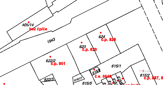 Klíše 829, Ústí nad Labem na parcele st. 623 v KÚ Klíše, Katastrální mapa