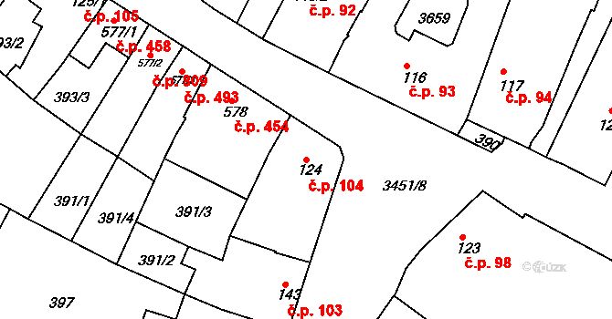 Lysá nad Labem 104 na parcele st. 124 v KÚ Lysá nad Labem, Katastrální mapa