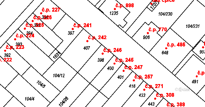 Podklášteří 246, Třebíč na parcele st. 398 v KÚ Podklášteří, Katastrální mapa