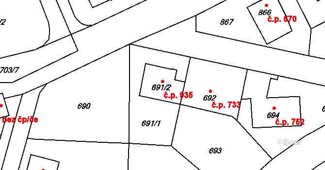 Kyje 935, Praha na parcele st. 691/2 v KÚ Kyje, Katastrální mapa