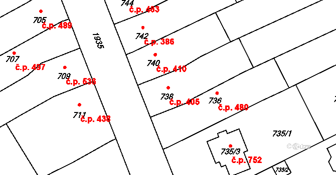 Holice 405, Olomouc na parcele st. 738 v KÚ Holice u Olomouce, Katastrální mapa