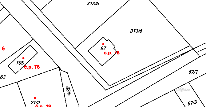 Rasochy 78, Uhlířská Lhota na parcele st. 97 v KÚ Rasochy, Katastrální mapa