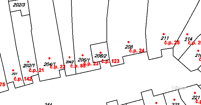 Hrušky 123 na parcele st. 206/2 v KÚ Hrušky u Brna, Katastrální mapa