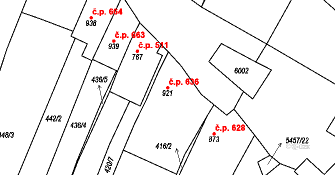 Polešovice 636 na parcele st. 921 v KÚ Polešovice, Katastrální mapa