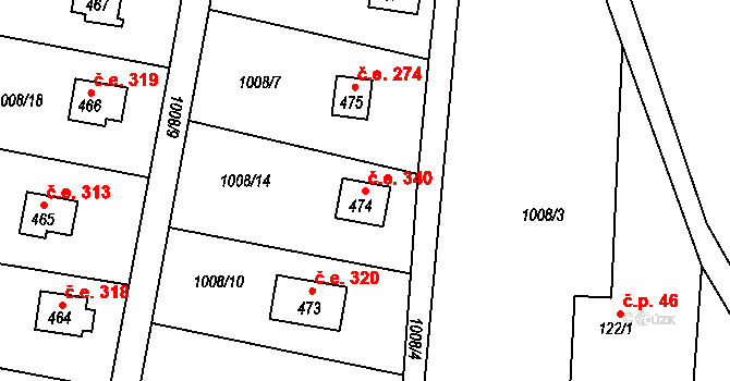 Vlkančice 340 na parcele st. 474 v KÚ Vlkančice, Katastrální mapa