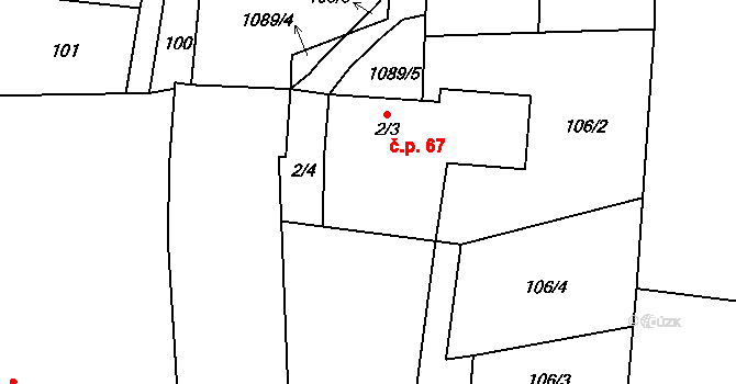 Chrbonín 67 na parcele st. 2/3 v KÚ Chrbonín, Katastrální mapa