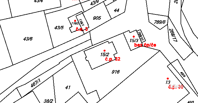 Vlkanov 32 na parcele st. 15/2 v KÚ Vlkanov u Nového Kramolína, Katastrální mapa