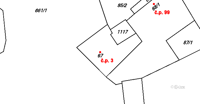 Zvíkovec 3 na parcele st. 67 v KÚ Zvíkovec, Katastrální mapa