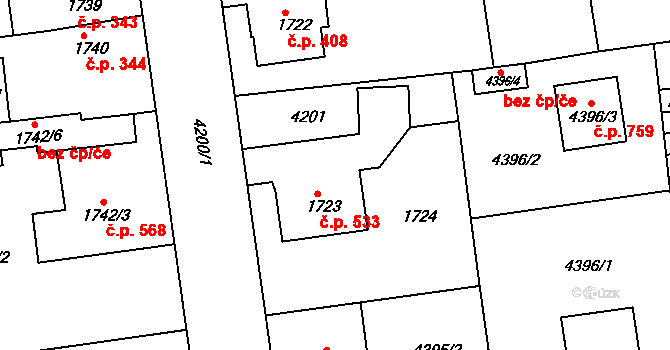 Pražské Předměstí 533, Jaroměř na parcele st. 1723 v KÚ Jaroměř, Katastrální mapa