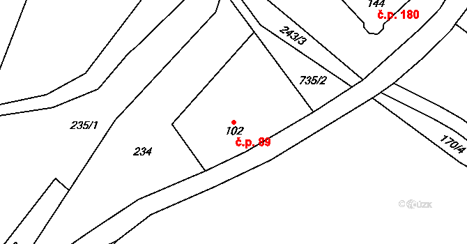 Dolní Radechová 89 na parcele st. 102 v KÚ Dolní Radechová, Katastrální mapa