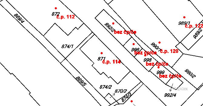 Valtice 114 na parcele st. 871 v KÚ Valtice, Katastrální mapa