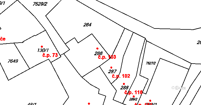 Telč-Podolí 103, Telč na parcele st. 286 v KÚ Telč, Katastrální mapa