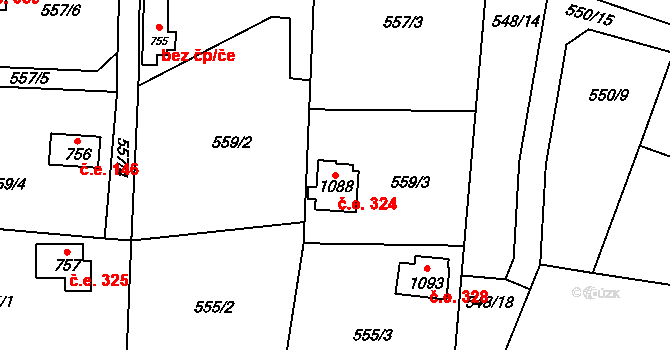 Kamenný Újezdec 324, Kamenný Přívoz na parcele st. 1088 v KÚ Kamenný Přívoz, Katastrální mapa