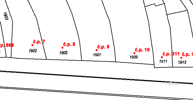 Bzenec 9 na parcele st. 1907 v KÚ Bzenec, Katastrální mapa