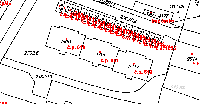 Kyjov 611 na parcele st. 2716 v KÚ Kyjov, Katastrální mapa