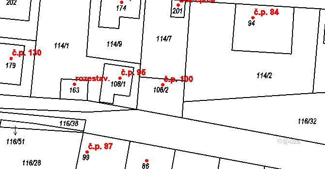 Vodochody 100 na parcele st. 108/2 v KÚ Vodochody u Prahy, Katastrální mapa
