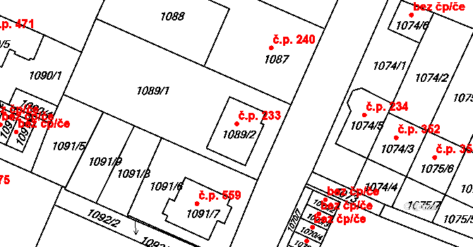Dačice V 233, Dačice na parcele st. 1089/2 v KÚ Dačice, Katastrální mapa