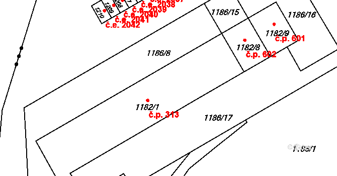 Mariánské Údolí 313, Hlubočky na parcele st. 1182/1 v KÚ Hlubočky, Katastrální mapa