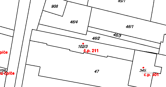 Slatinice 211 na parcele st. 102/3 v KÚ Slatinice na Hané, Katastrální mapa