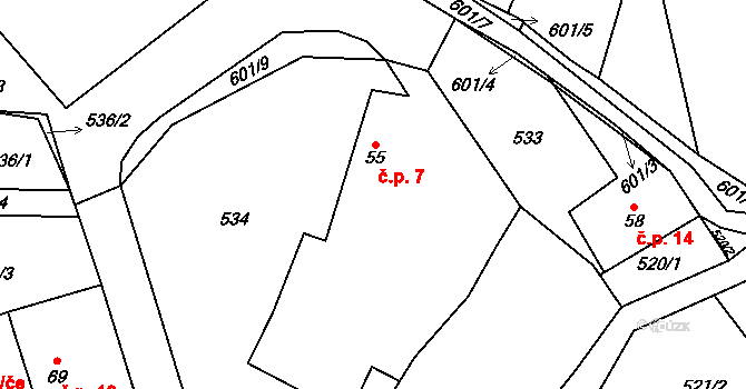 Mrtník 7, Hvozdec na parcele st. 55 v KÚ Hvozdec, Katastrální mapa