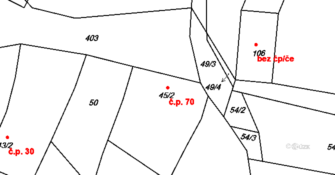 Lounky 70, Chodouny na parcele st. 45/2 v KÚ Lounky, Katastrální mapa