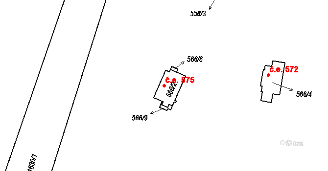 Hradištko 575 na parcele st. 566/2 v KÚ Hradištko u Sadské, Katastrální mapa