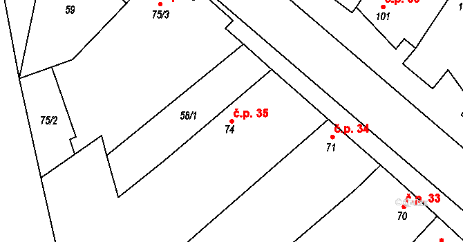 Jakubov u Moravských Budějovic 35 na parcele st. 74 v KÚ Jakubov u Moravských Budějovic, Katastrální mapa