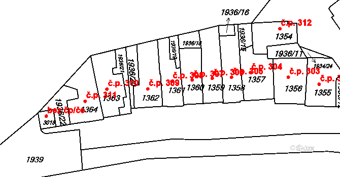 Stařečka 308, Třebíč na parcele st. 1361 v KÚ Třebíč, Katastrální mapa