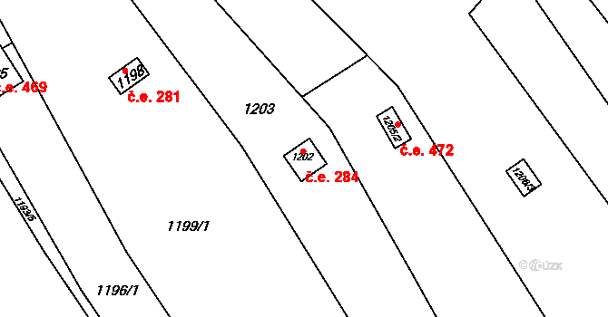 Medlánky 284, Brno na parcele st. 1202 v KÚ Medlánky, Katastrální mapa