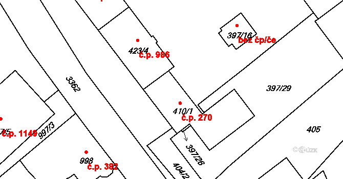 Pelhřimov 270 na parcele st. 410/1 v KÚ Pelhřimov, Katastrální mapa