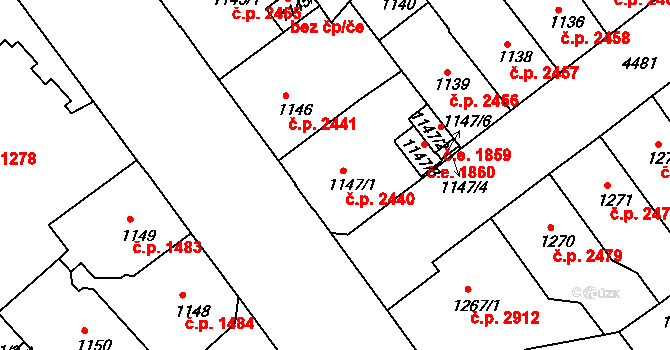 Teplice 2440 na parcele st. 1147/1 v KÚ Teplice, Katastrální mapa