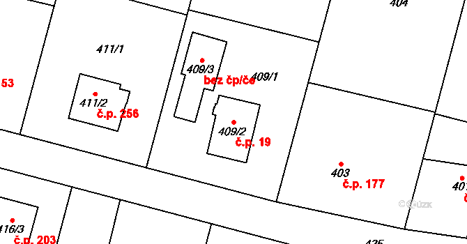 Chlebovice 19, Frýdek-Místek na parcele st. 409/2 v KÚ Chlebovice, Katastrální mapa