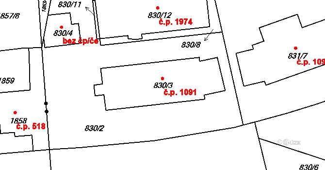 Krč 1091, Praha na parcele st. 830/3 v KÚ Krč, Katastrální mapa
