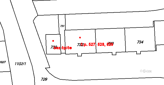 Háje 527,528,529, Praha na parcele st. 732 v KÚ Háje, Katastrální mapa