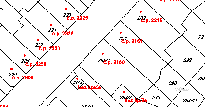 Chomutov 2160 na parcele st. 288/1 v KÚ Chomutov II, Katastrální mapa