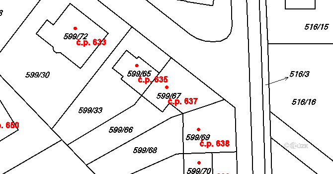 Srubec 637 na parcele st. 599/67 v KÚ Srubec, Katastrální mapa