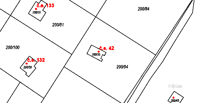 Ráby 42 na parcele st. 200/36 v KÚ Ráby, Katastrální mapa