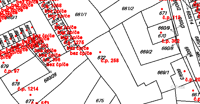 Předměstí 258, Litoměřice na parcele st. 672 v KÚ Litoměřice, Katastrální mapa