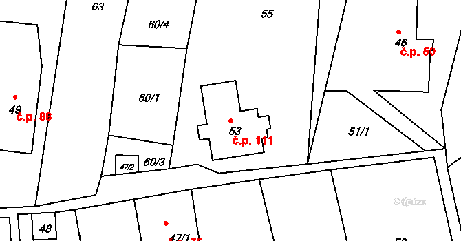 Raškov 111, Bohdíkov na parcele st. 53 v KÚ Raškov Dvůr, Katastrální mapa