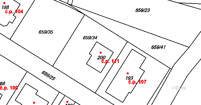 Veletov 111 na parcele st. 200 v KÚ Veletov, Katastrální mapa