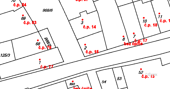 Hřivčice 15, Peruc na parcele st. 2 v KÚ Hřivčice, Katastrální mapa