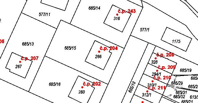 Herálec 204 na parcele st. 266 v KÚ Herálec, Katastrální mapa