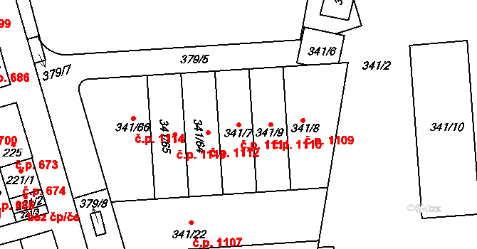 Maloměřice 1111, Brno na parcele st. 341/7 v KÚ Maloměřice, Katastrální mapa