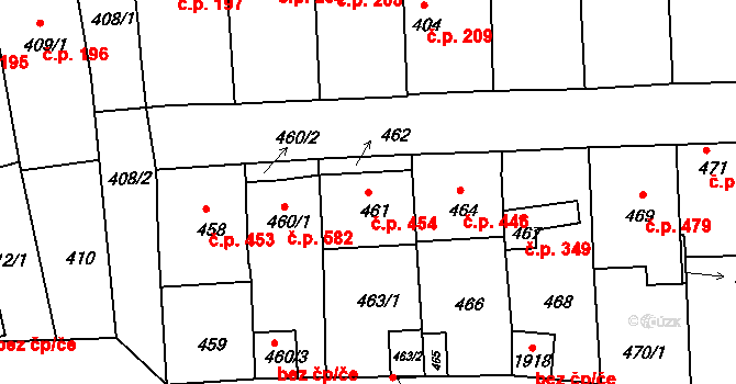 Hlohovec 454 na parcele st. 461 v KÚ Hlohovec, Katastrální mapa
