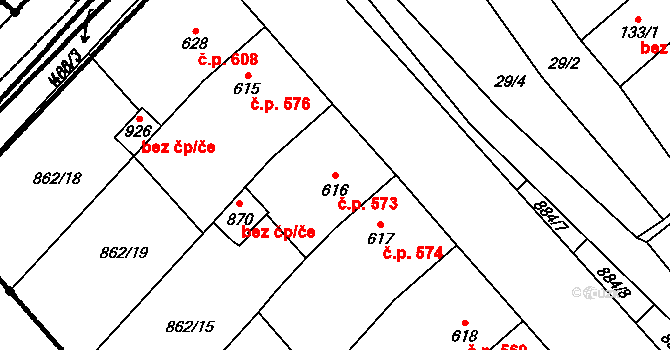 Kvasice 573 na parcele st. 616 v KÚ Kvasice, Katastrální mapa