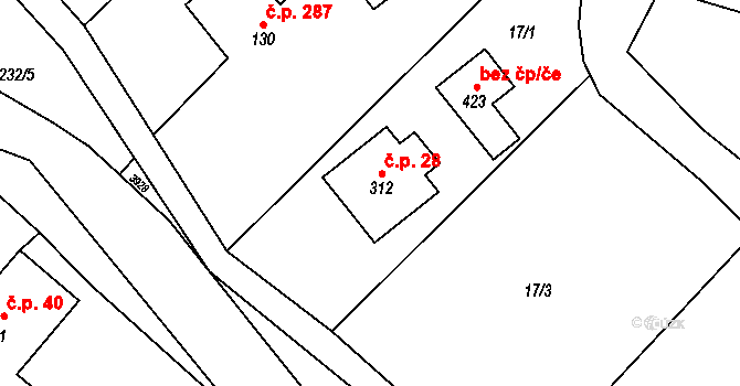 Dobromilice 28 na parcele st. 312 v KÚ Dobromilice, Katastrální mapa