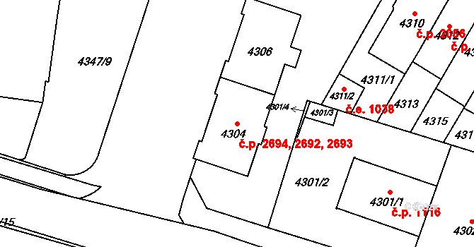 Jihlava 2692,2693,2694 na parcele st. 4304 v KÚ Jihlava, Katastrální mapa