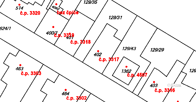 Jihlava 3317 na parcele st. 402 v KÚ Bedřichov u Jihlavy, Katastrální mapa